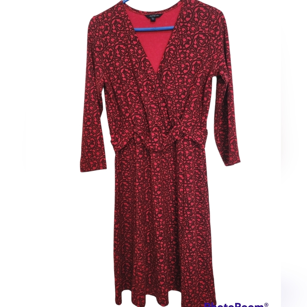 LANDS' End Red Black Print Knit Faux Wrap Dress Long Sleeves V-Neck SZ 10-12